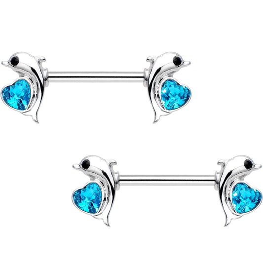 5/8 Aqua Gem Dolphin Lovers Barbell Nipple Ring Set