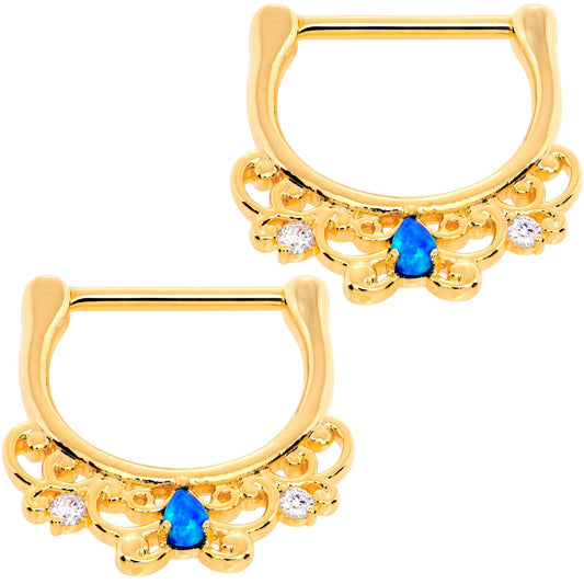 9/16 Blue Synthetic Opal Gold Tone Anodized Drop Nipple Clicker Set