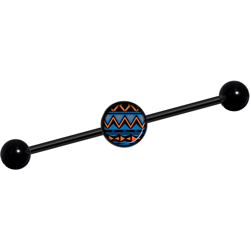 14G Blue Orange Tribal Print Black Industrial Barbell 37mm