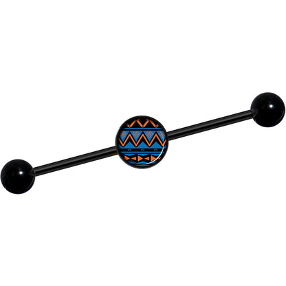14G Blue Orange Tribal Print Black Industrial Barbell 37mm