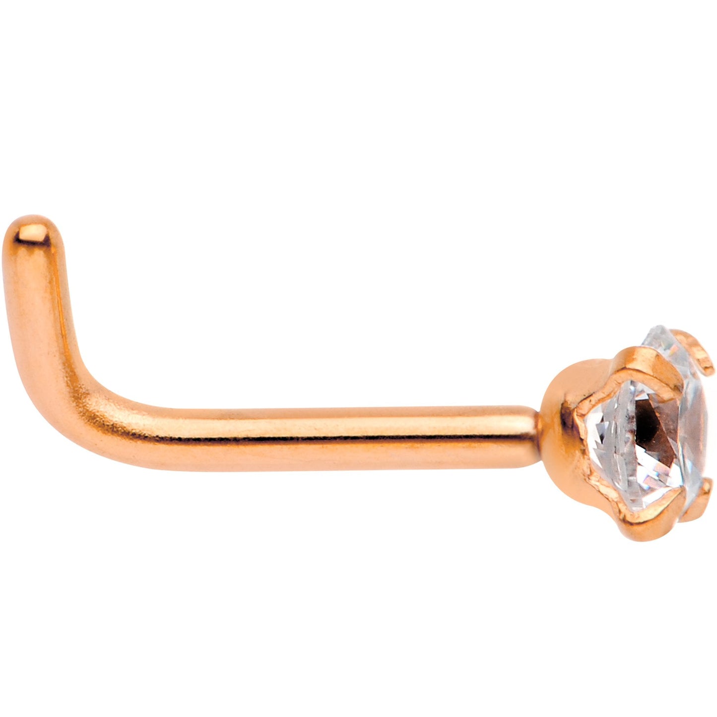 18G 1/4 Clear 3mm CZ Gem Rose Gold IP L-Shape Nose Ring