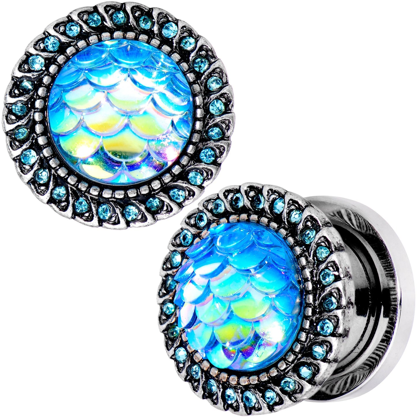 00G Aqua Gem Iridescent Blue Mermaid Scale Screw Fit Plug Set