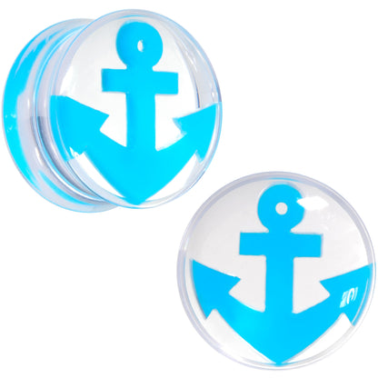 Clear Acrylic Double Flare Turquoise Blue Anchor Saddle Plug Set 6mm to 20mm