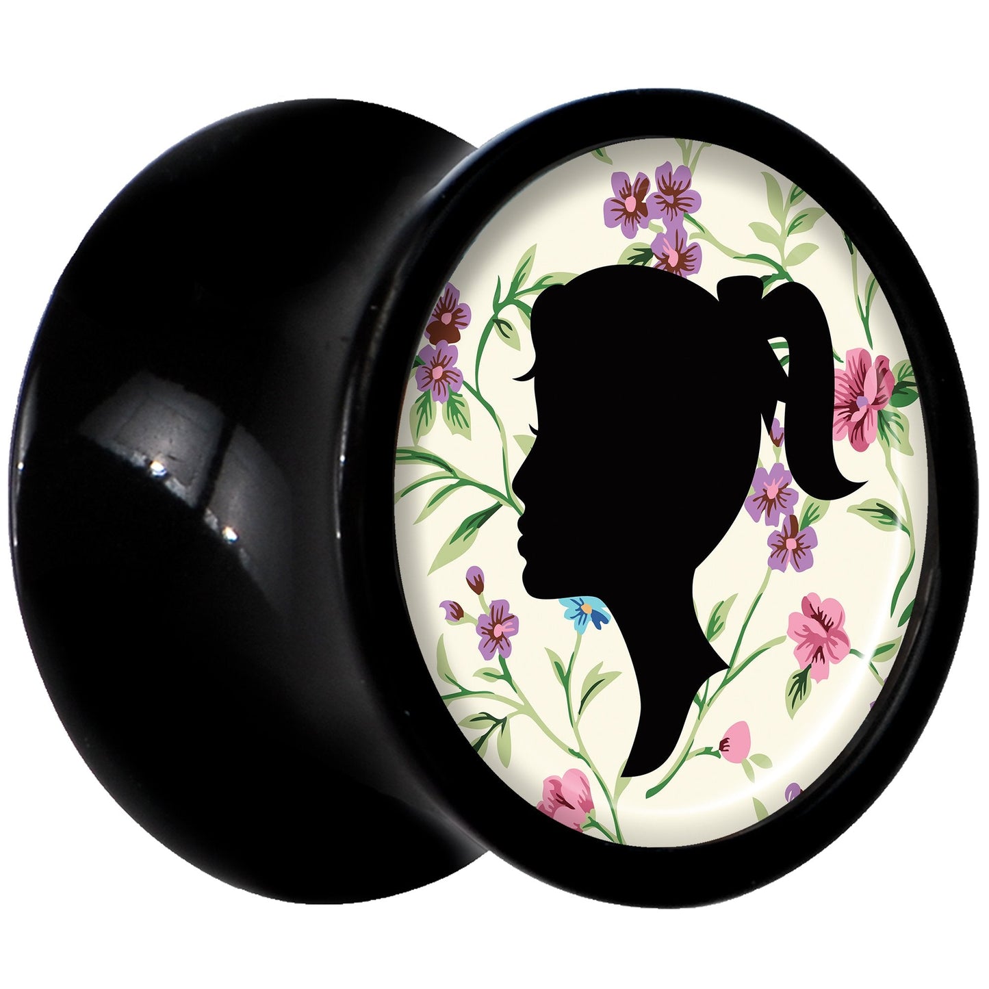 Black Acrylic Man Woman Floral Silhouette Saddle Plug Set 0G