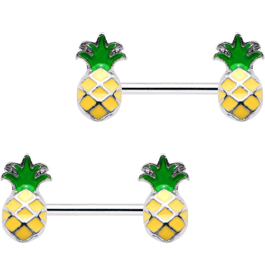 14G 1/2 Steel Yellow Green Pineapple Barbell Nipple Ring Set