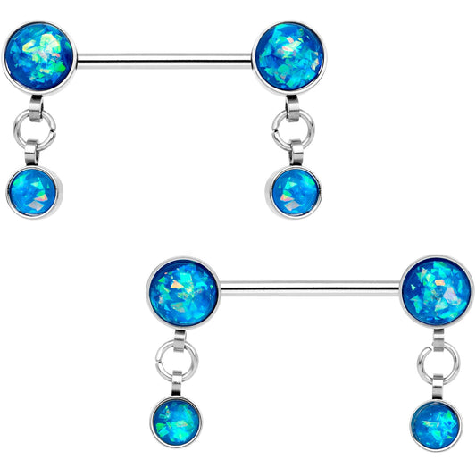 Blue Faux Opal Inlay Dangle Barbell Nipple Ring Set