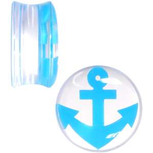 Clear Acrylic Double Flare Blue Turquoise  Anchor Saddle Plug Set 18mm - 20mm
