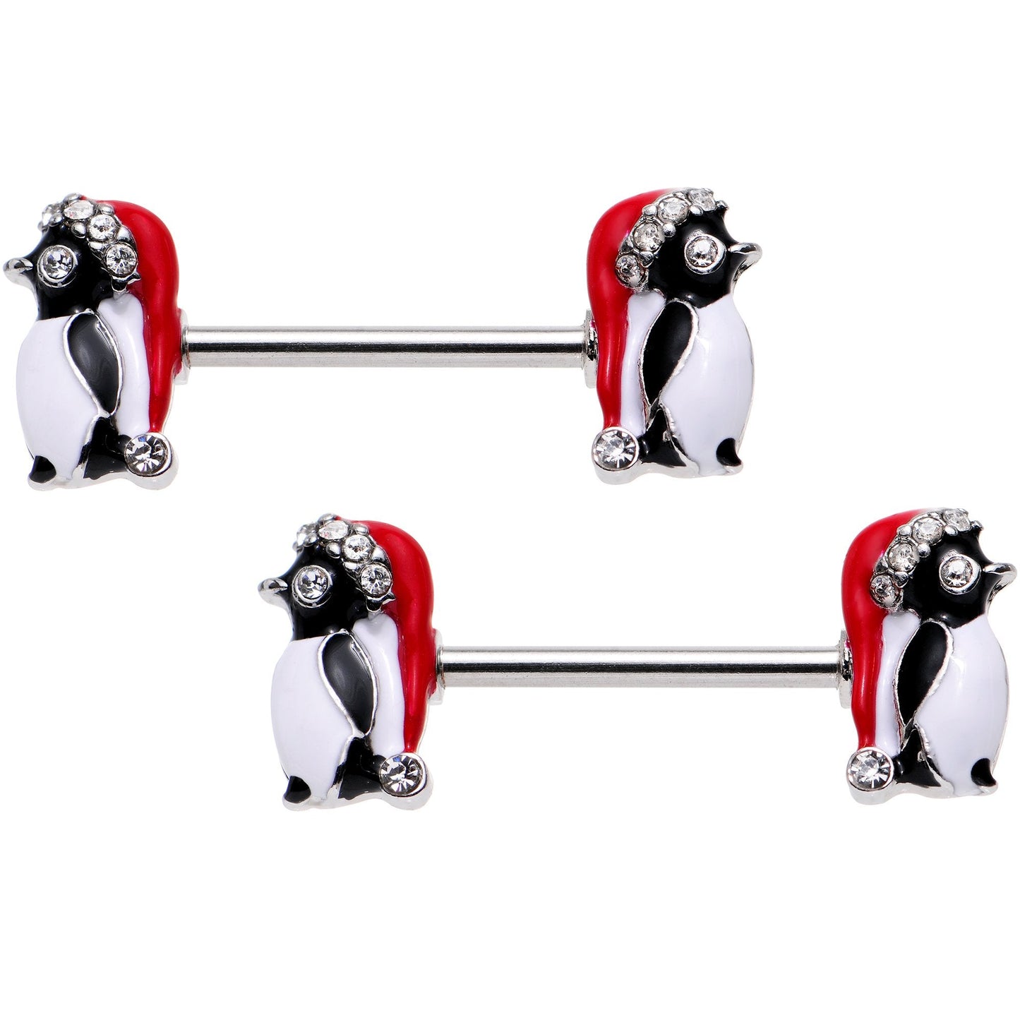 9/16 Clear Gem Santa Cap Penguins Barbell Nipple Ring Set
