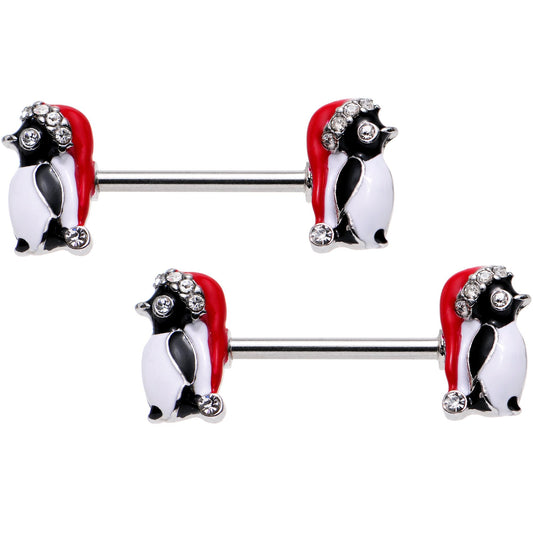 9/16 Clear Gem Santa Cap Penguins Barbell Nipple Ring Set