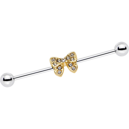 14G Clear Gem Gold Tone Knotted Bow Industrial Barbell 35mm