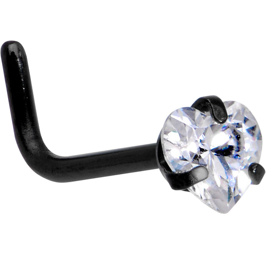 20G 1/4 Clear Heart 3mm CZ Gem Black IP L-Shape Nose Ring