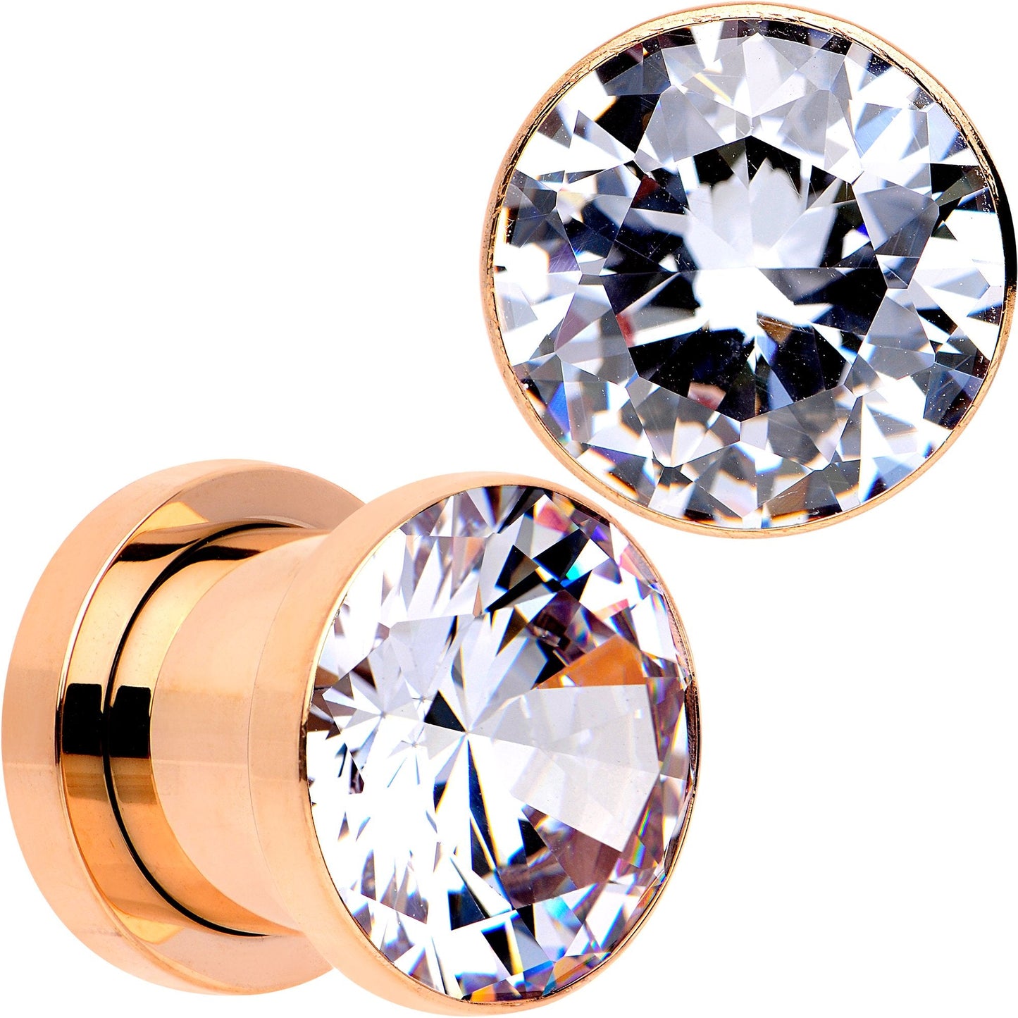 Clear CZ Gem Rose Gold PVD Glitzy Screw Fit Tunnel Plug Set