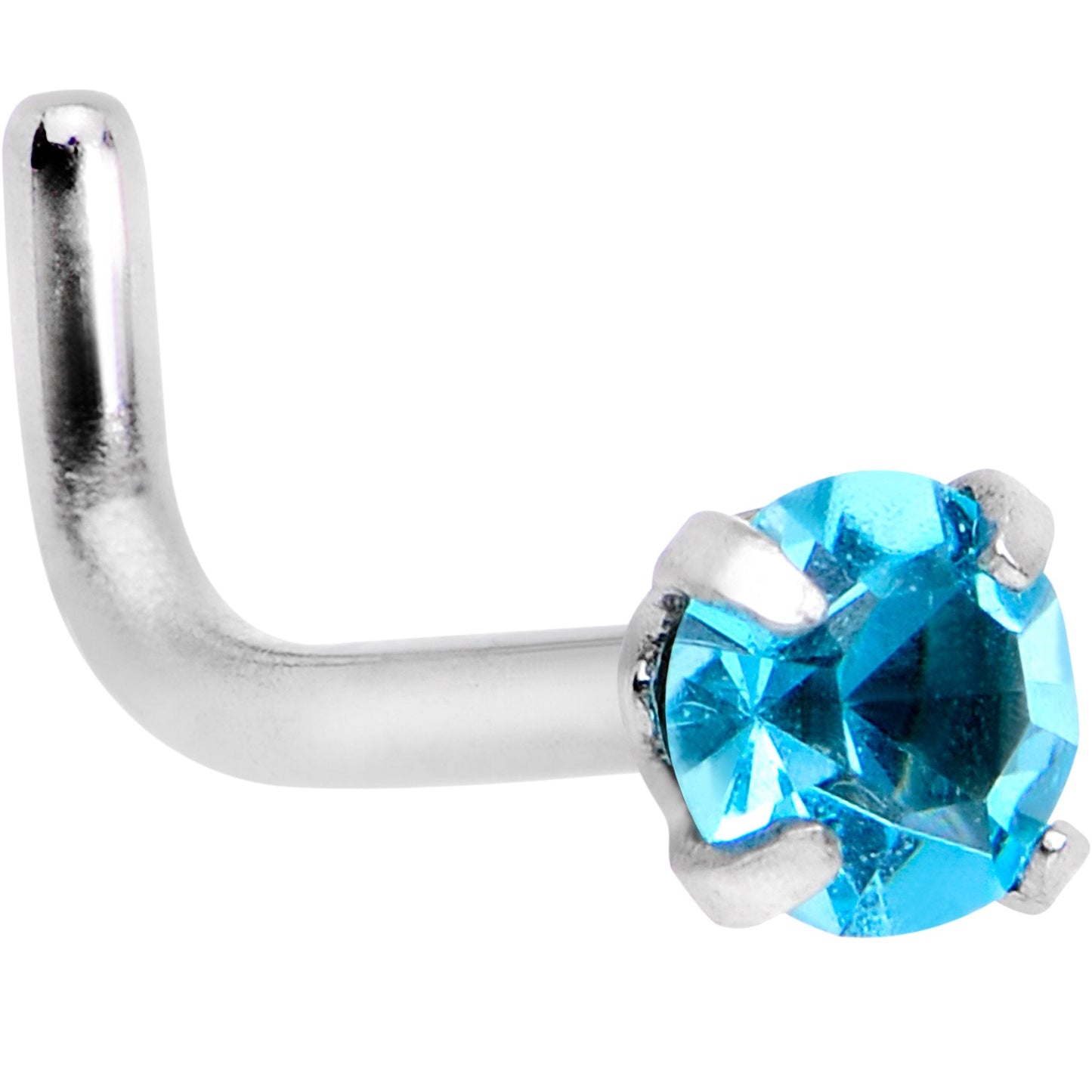 18G 1/4 Aqua 3mm CZ Gem Steel L-Shape Nose Ring