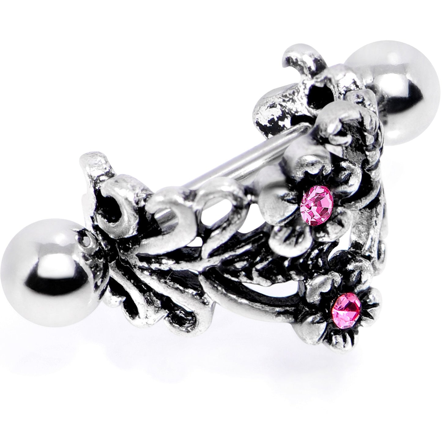 16G 1/2 Pink Gem Double Daisy Flower Cuff Cartilage Earring