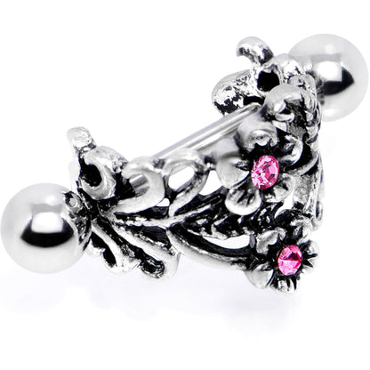 16G 1/2 Pink Gem Double Daisy Flower Cuff Cartilage Earring