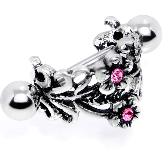 16G 1/2 Pink Gem Double Daisy Flower Cuff Cartilage Earring