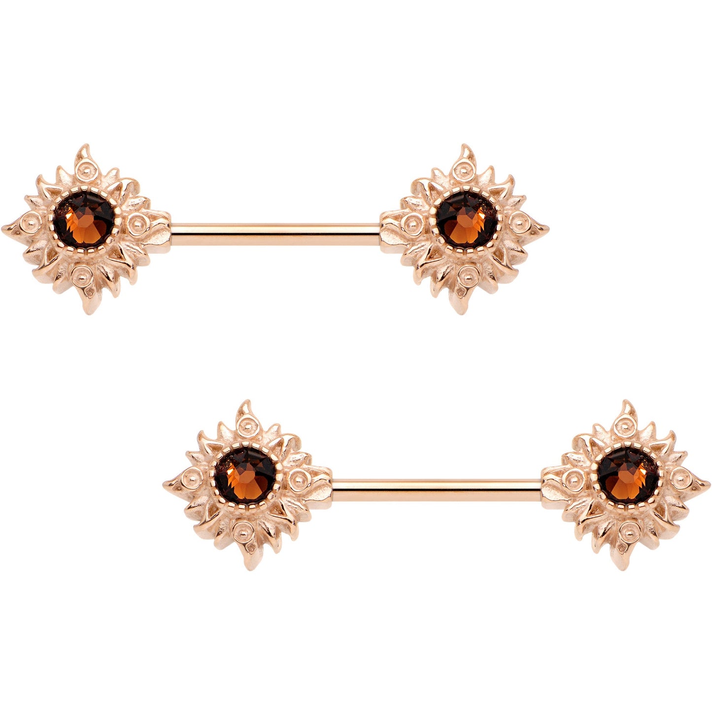 Brown Gem Chocolate Sunshine Rose Gold Tone Barbell Nipple Ring Set