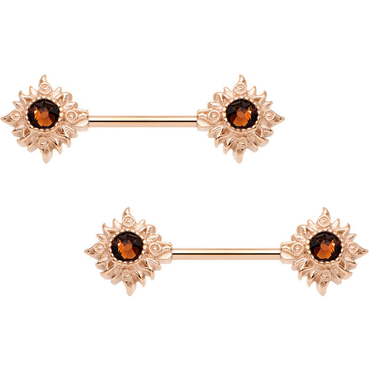 Brown Gem Chocolate Sunshine Rose Gold Tone Barbell Nipple Ring Set