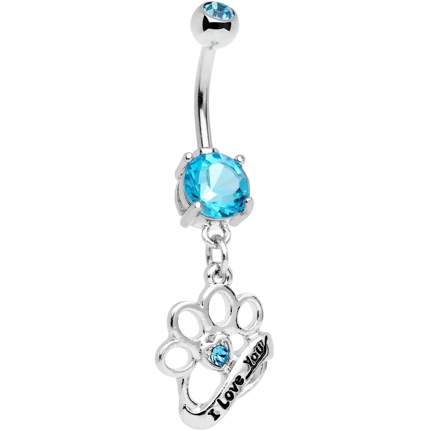 Aqua Gem I Love You Brass Knuckles Dangle Belly Ring