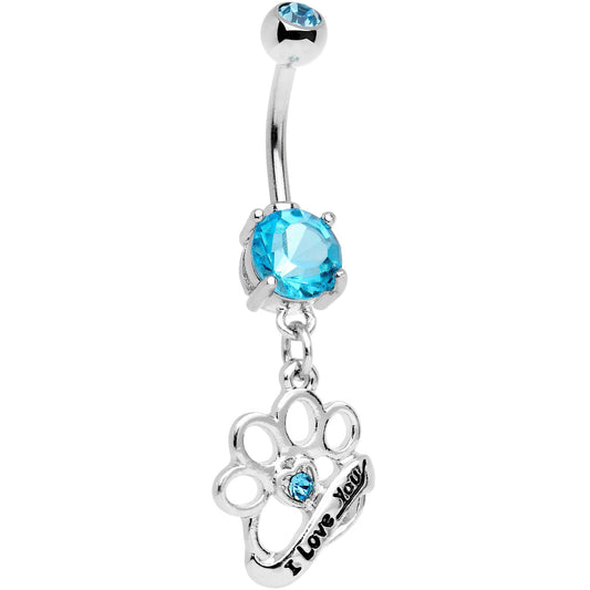 Aqua Gem I Love You Brass Knuckles Dangle Belly Ring