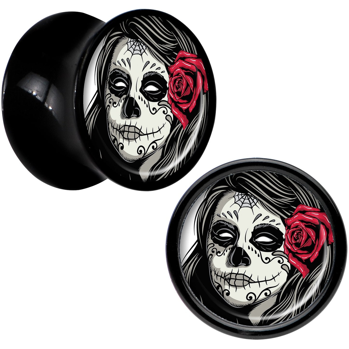 Black Acrylic Katrina Sugar Skull with Rose Flower Saddle Plug Set 00G