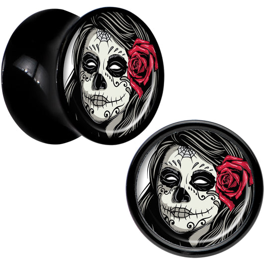 Black Acrylic Katrina Sugar Skull with Rose Flower Saddle Plug Set 00G