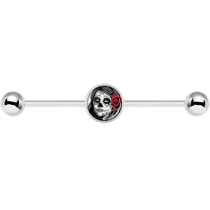 14G Katrina Sugar Skull with Rose Flower Industrial Barbell 37mm