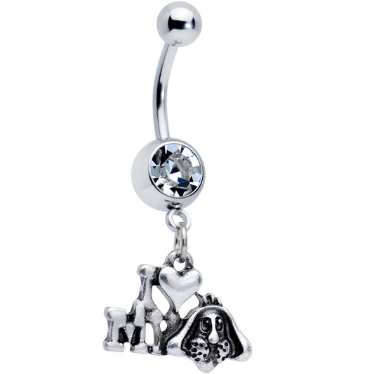 Clear Gem I Heart My Pooch Dangle Belly Ring