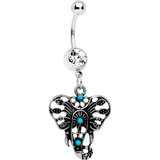 Clear Aqua Gem Elephant Outline Dangle Belly Ring