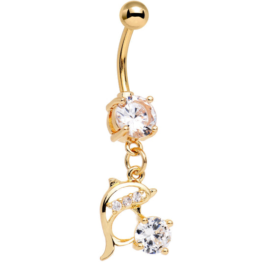 Clear Gem CZ Gold PVD Splashing Dolphin Dangle Belly Ring