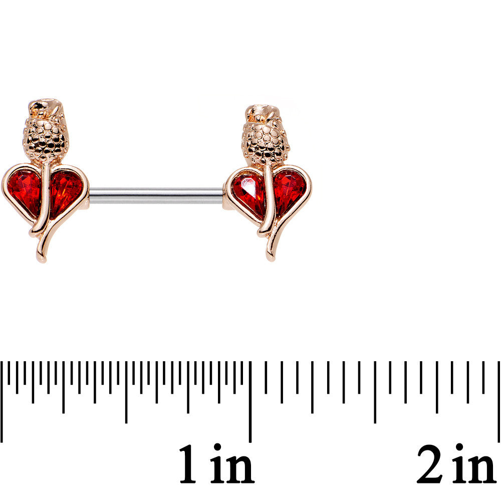 14G 9/16 Red Gem Rosy Hue Heart and Rose Flower Nipple Barbell Set