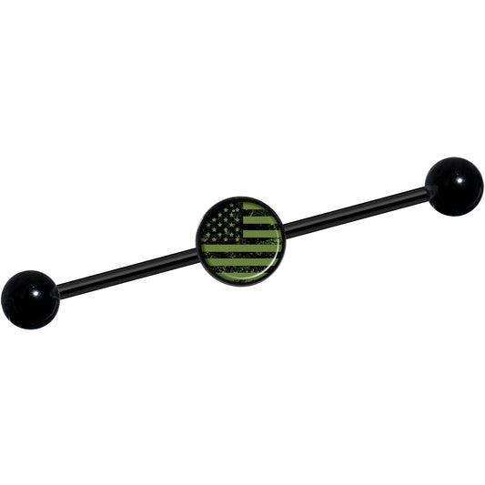 14G Green American Flag Black Industrial Barbell 37mm