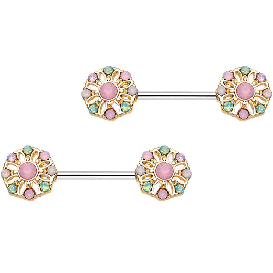14G 5/8" Pink Gem Rounded Flower Barbell Nipple Ring Set