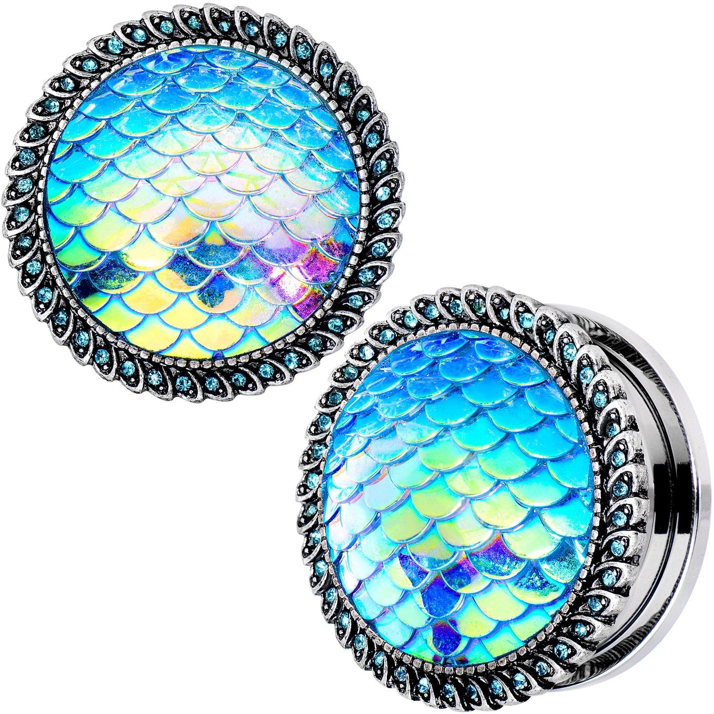 Aqua Gem Iridescent Blue Mermaid Scale Screw Fit Plug Set 6mm to 22mm