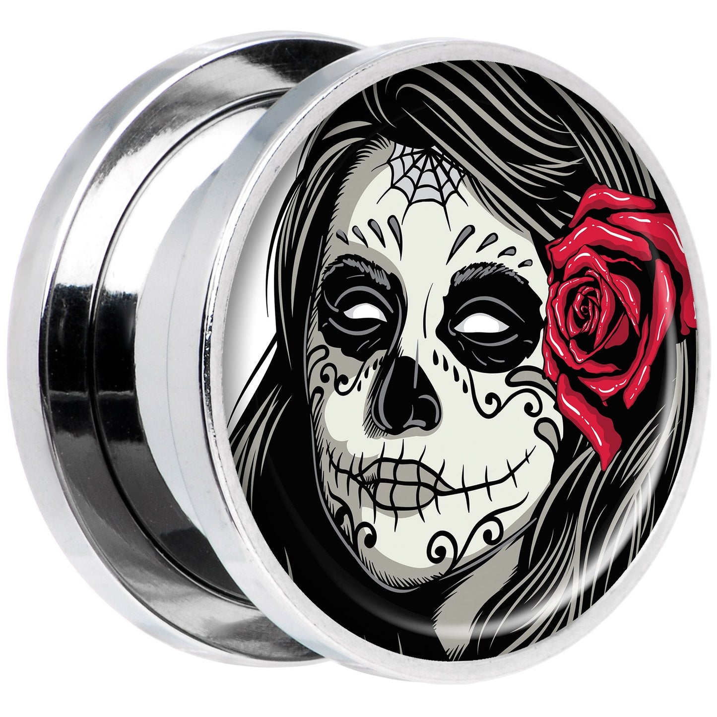 Katrina Sugar Skull with Rose Flower Steel Screw Fit Plug Set 5/8