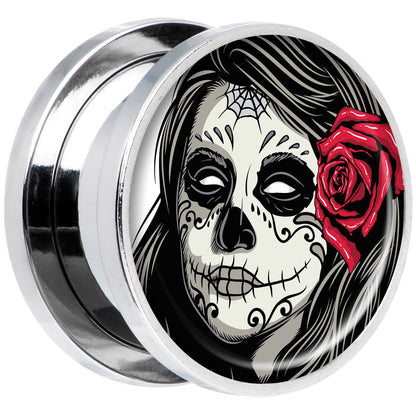 Katrina Sugar Skull with Rose Flower Steel Screw Fit Plug Set 5/8