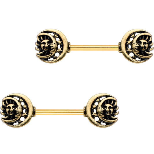 9/16 Gold PVD Sun of the Moon Barbell Nipple Ring Set