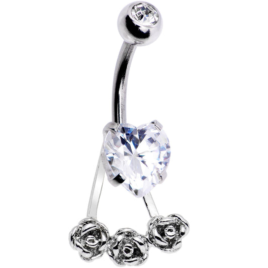 Clear CZ Gem Heart Kissed Rose Flower Dangle Belly Ring