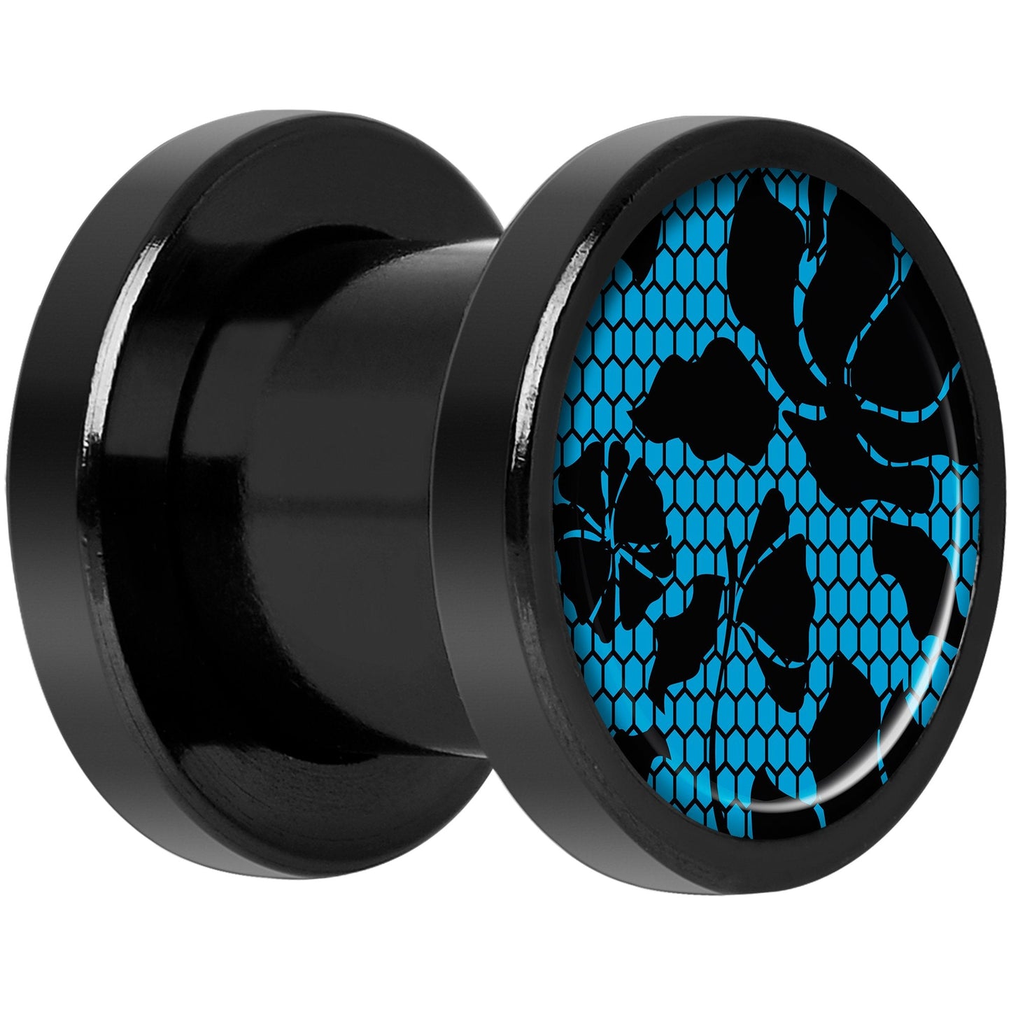 Blue Floral Lace Black Anodized Screw Fit Plug Set 0G