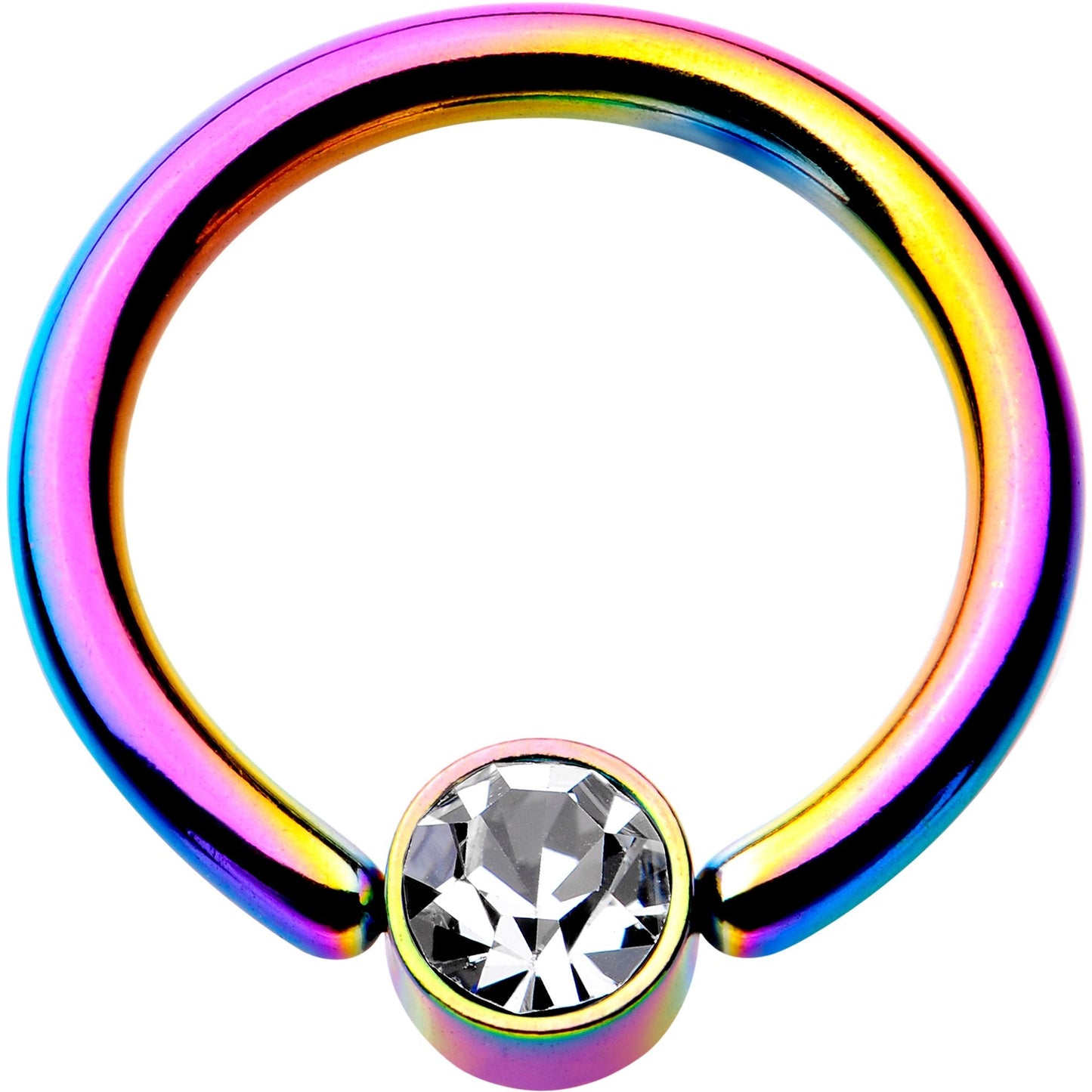 14G 3/8 Clear Gem 4mm Disc Rainbow IP BCR Captive Ring