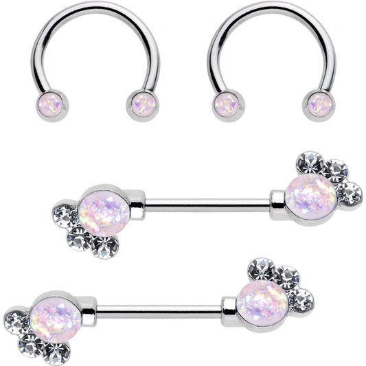 14G White Faux Opal Horseshoe Barbell Nipple Ring Set of 4