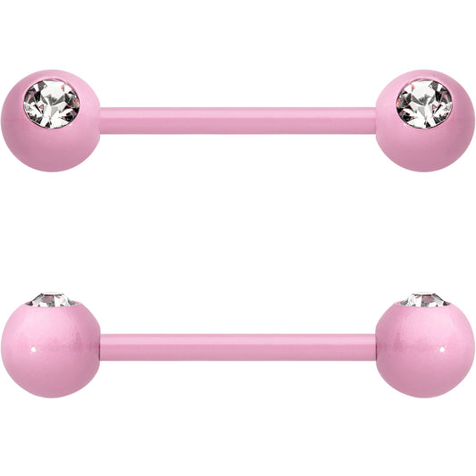 14G 5/8 Clear Gem Light Pink Acrylic Over Steel Nipple Barbell Set