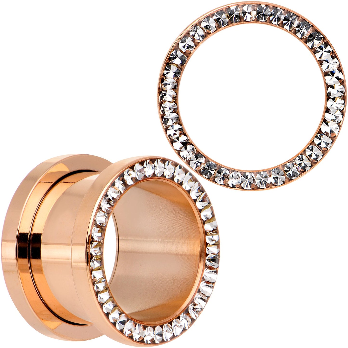 Clear CZ Gem Rose Gold PVD Bling Screw Fit Tunnel Plug Set 3mm to 16mm