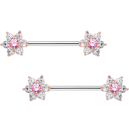 9/16 Pink CZ Gem Shimmering Flower Petal Barbell Nipple Ring Set