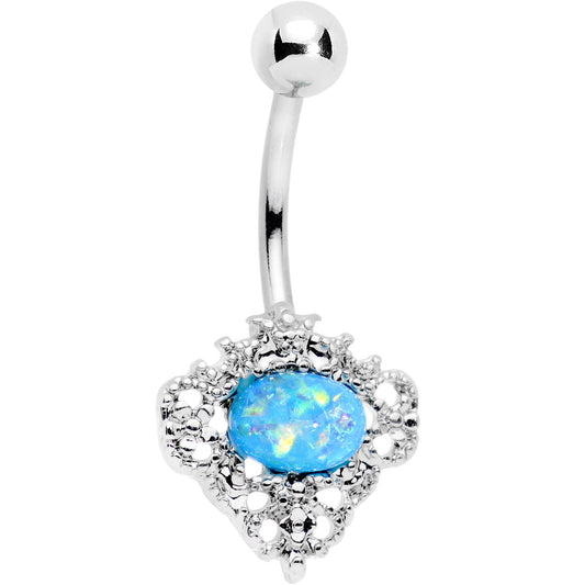 Aqua Faux Opal Regally Flowered Frame Belly Ring