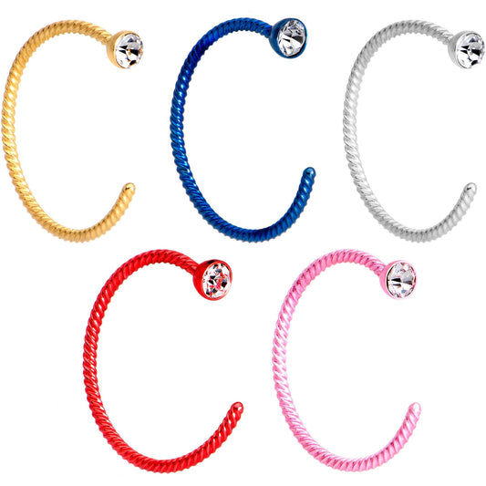 20G 3/8 Clear Gem Multicolor Pack Set of 5 Twisted Nose Hoop Rings