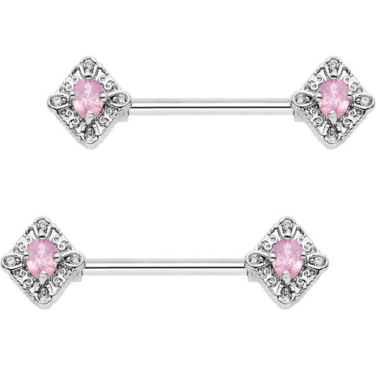 14G 5/8" Clear Pink Gem Rococo Rhombus Barbell Nipple Ring Set
