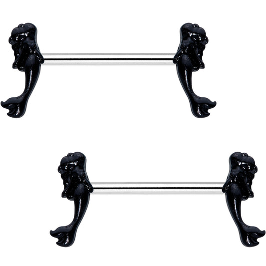 5/8 Black PVD Diving Mermaid Barbell Nipple Ring Set