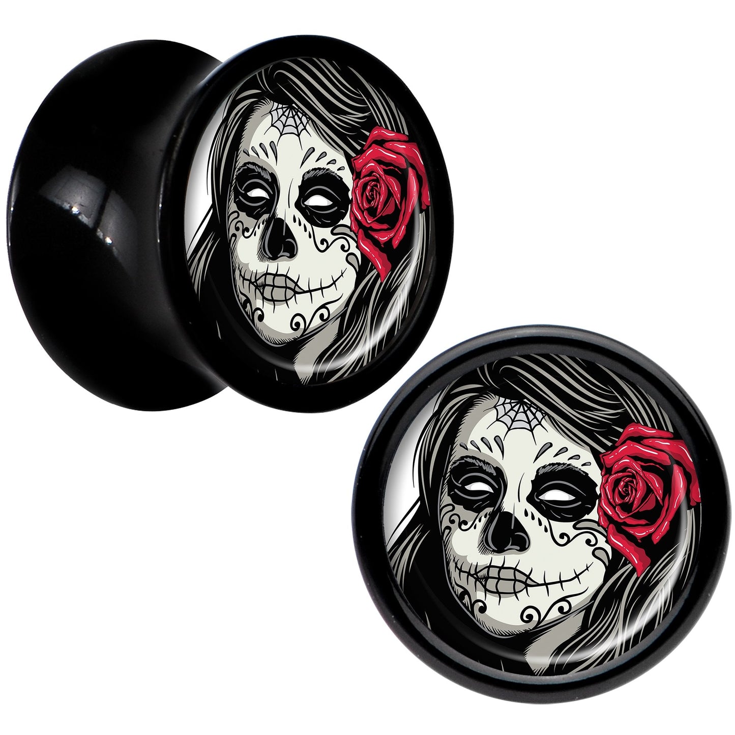 Black Acrylic Katrina Sugar Skull with Rose Flower Saddle Plug Set 0G