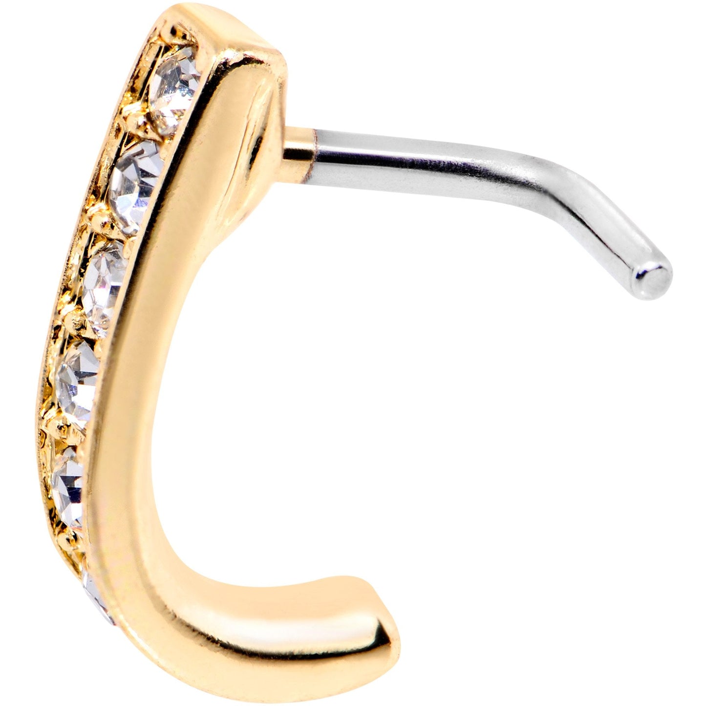 18G Clear CZ Gold Tone Sleek Faux Hoop L Shaped Nose Ring